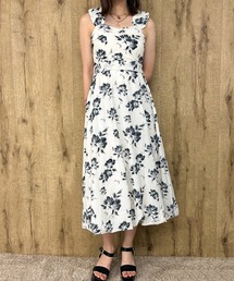 《バルーン裾×肩フリル》レディース キャミワンピース ロング丈 花柄 春夏秋 体型カバー