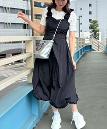 《バルーン裾×肩フリル》レディース キャミワンピース ロング丈 花柄 春夏秋 体型カバー