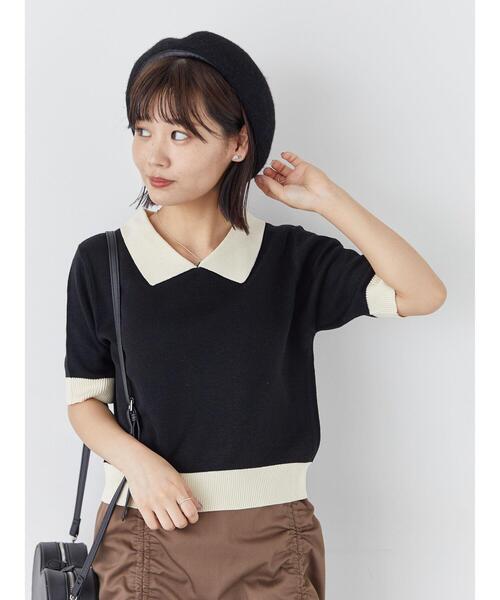 ehka sopo（エヘカソポ）の「バイカラーニットポロ（ニット/セーター・レディース・ダークオレンジ/グリーン/ブラック/キナリ・F）」の2枚目の写真