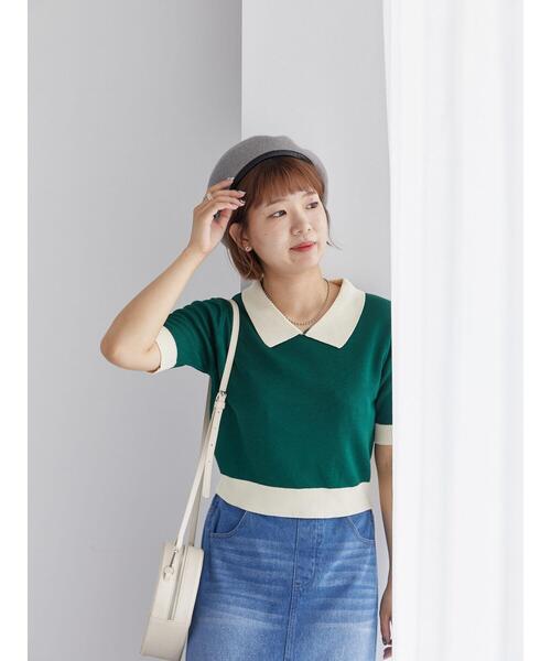 ehka sopo（エヘカソポ）の「バイカラーニットポロ（ニット/セーター・レディース・ダークオレンジ/グリーン/ブラック/キナリ・F）」の6枚目の写真