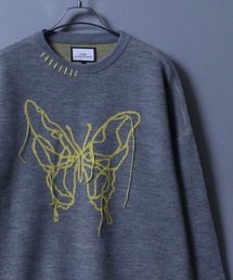Jacquard Fabric Oversized Butterfly Knit/ジャガード バタフライ デザインニット ステッチ ダメージニット レディース メンズ