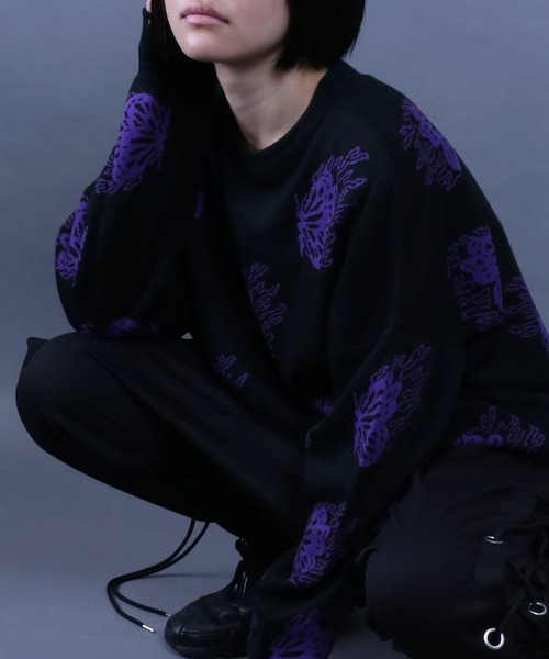 ANPAS(アンパス)の「Jacquard Fabric Oversized Butterfly Knit/ジャガード バタフライ デザインニット ステッチ ダメージニット レディース メンズ(ニット/セーター・メンズ・グレー系その他/ブラック/グレー/ブラック系その他・L/M)」の5枚目の写真