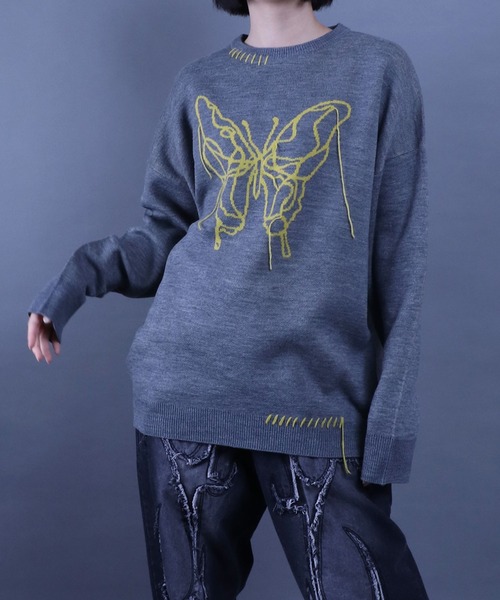 ANPAS(アンパス)の「Jacquard Fabric Oversized Butterfly Knit/ジャガード バタフライ デザインニット ステッチ ダメージニット レディース メンズ(ニット/セーター・メンズ・グレー系その他/ブラック/グレー/ブラック系その他・L/M)」の7枚目の写真