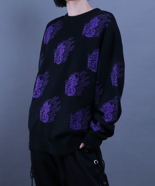 ANPAS(アンパス)の「Jacquard Fabric Oversized Butterfly Knit/ジャガード バタフライ デザインニット ステッチ ダメージニット レディース メンズ(ニット/セーター・メンズ・グレー系その他/ブラック/グレー/ブラック系その他・L/M)」の8枚目の写真