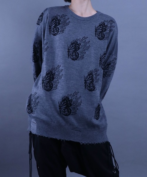 ANPAS(アンパス)の「Jacquard Fabric Oversized Butterfly Knit/ジャガード バタフライ デザインニット ステッチ ダメージニット レディース メンズ(ニット/セーター・メンズ・グレー系その他/ブラック/グレー/ブラック系その他・L/M)」の6枚目の写真