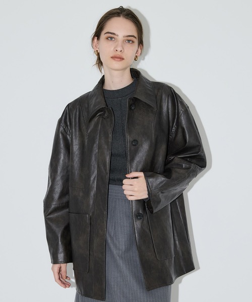 COELIE collab Ecoレザーヴィンテージブルゾン 2color 】ヴィンテージライクボリュームスリーブフェイクレザー