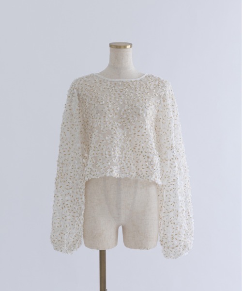 EN NEUME(エンノイム)の「Lurex Ruffle Tulle Volume Sleeve Blouse(シャツ/ブラウス・レディース・アイボリー/ブラック・FREE)」の1枚目の写真