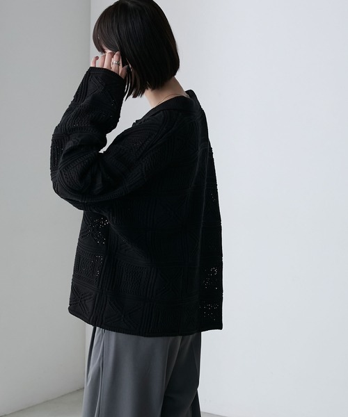 forksy.(フォルクシー)の「【forksy.】パッチワーク クロシェ シャツニットカーディガン(カーディガン/ボレロ・レディース・アイボリー/ブラック・FREE)」の6枚目の写真