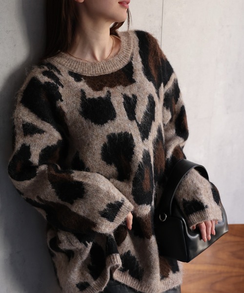 ユニセックス商品〉レオパード柄オーバーサイズニットプルオーバー