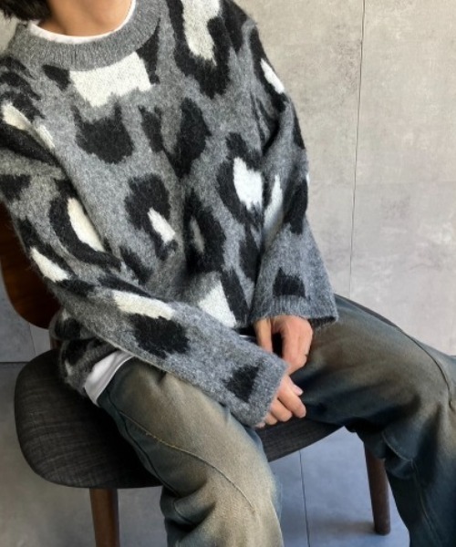 SAINT LAURENT レオパード柄ニットセーター XS セール】WS select 起毛 レオパード柄オーバーサイズクルーニット