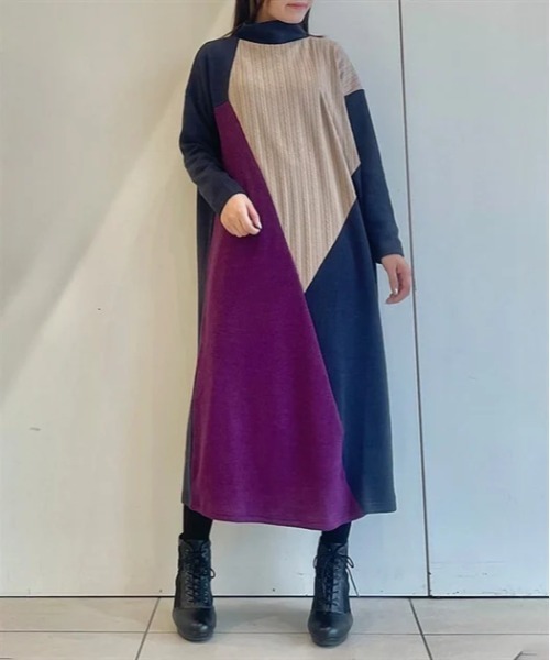 ケーブルジャガード切替ワンピース（ワンピース）｜axes femme 