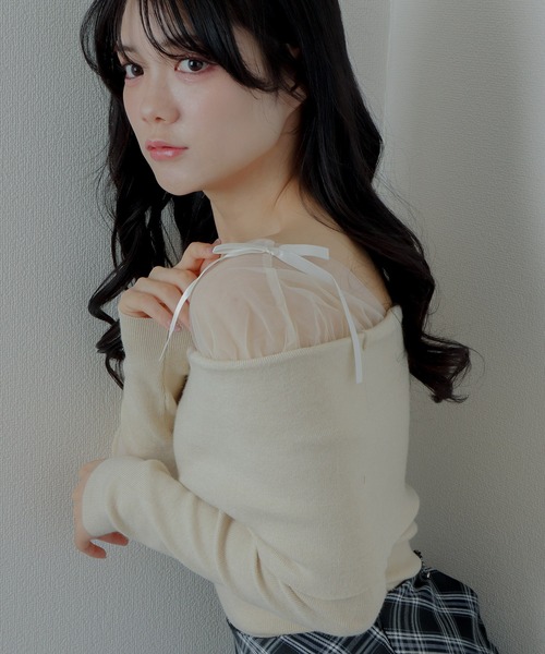 M DOLLY(エムドリー)の「tulle ribbon knit tops/チュールリボンニットトップス(ニット/セーター・レディース・ブラック/アイボリー・S/M)」の5枚目の写真