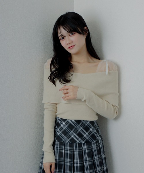 tulle ribbon knit tops/チュールリボンニットトップス（ニット