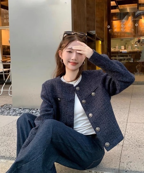 Ritzy（リッツィー）の「ノーカラー ツィードジャケット（ノーカラージャケット・レディース・ネイビー・S/M/L/XL）」の14枚目の写真