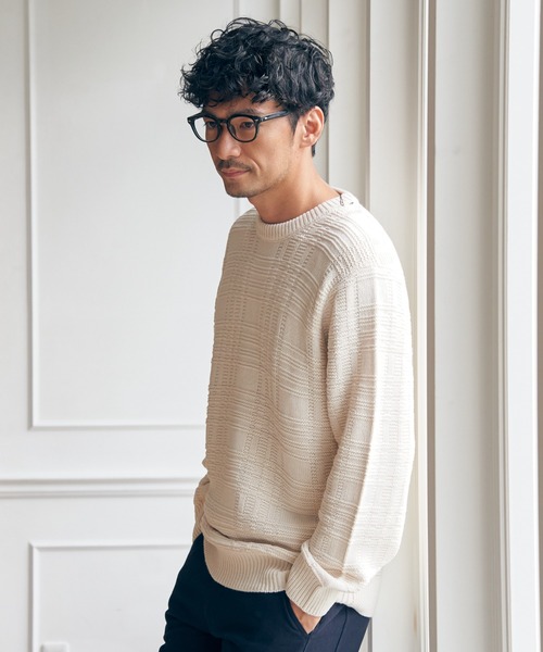ikka(イッカ)の「ジャカードチェックニット(ニット/セーター・メンズ・オフホワイト/ネイビー/グリーン・XL/L/M/S)」の4枚目の写真