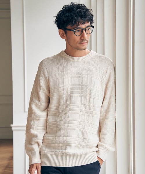 ikka(イッカ)の「ジャカードチェックニット(ニット/セーター・メンズ・オフホワイト/ネイビー/グリーン・XL/L/M/S)」の8枚目の写真