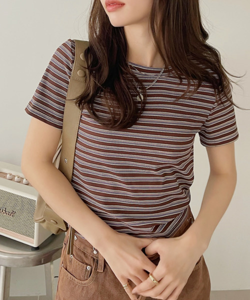 Good Riddance(グッドリダンス)の「【Good Riddance】バックウエストオープン ボーダー コンパクトトップス(Tシャツ/カットソー・レディース・グリーン/ブラウン/ホワイト/ブラック・FREE)」の18枚目の写真