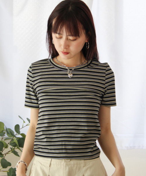 Good Riddance(グッドリダンス)の「【Good Riddance】バックウエストオープン ボーダー コンパクトトップス(Tシャツ/カットソー・レディース・グリーン/ブラウン/ホワイト/ブラック・FREE)」の7枚目の写真