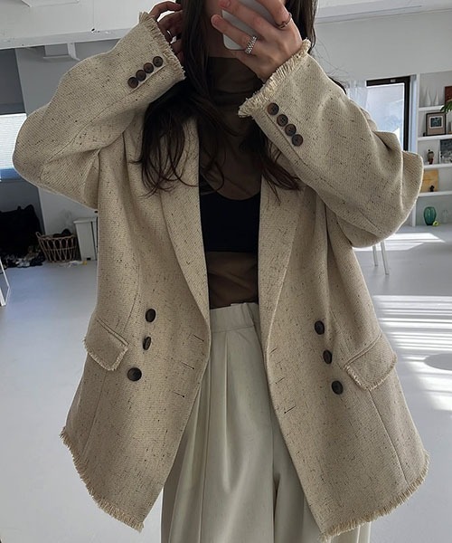 WILLFULLY（ウィルフリー）の「fringe nep tweed peaked lapel JK（テーラードジャケット・レディース・ブラック/セージグリーン/イエロー系その他・FREE）」の7枚目の写真