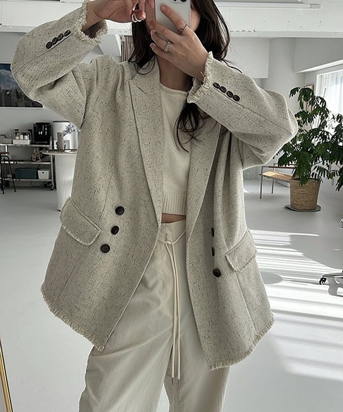 WILLFULLY（ウィルフリー）の「fringe nep tweed peaked lapel JK（テーラードジャケット・レディース・ブラック/セージグリーン/イエロー系その他・FREE）」の13枚目の写真