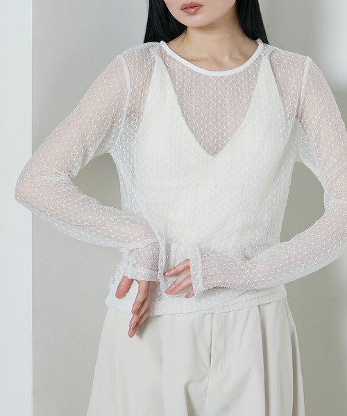 le ELMi（ルエルミ）の「Sheer honeycomb check tops / シアーハニカムチェックトップス（Tシャツ/カットソー・レディース・ベージュ/ネイビー/アイボリー/ピンク・FREE）」の2枚目の写真