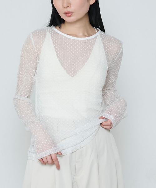 le ELMi（ルエルミ）の「Sheer honeycomb check tops / シアーハニカムチェックトップス（Tシャツ/カットソー・レディース・ベージュ/ネイビー/アイボリー/ピンク・FREE）」の5枚目の写真