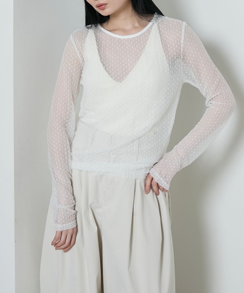 le ELMi（ルエルミ）の「Sheer honeycomb check tops / シアーハニカムチェックトップス（Tシャツ/カットソー・レディース・ベージュ/ネイビー/アイボリー/ピンク・FREE）」の14枚目の写真