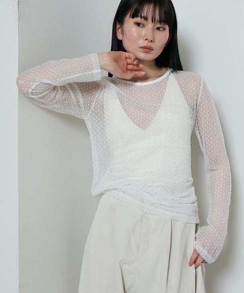 le ELMi（ルエルミ）の「Sheer honeycomb check tops / シアーハニカムチェックトップス（Tシャツ/カットソー・レディース・ベージュ/ネイビー/アイボリー/ピンク・FREE）」の15枚目の写真