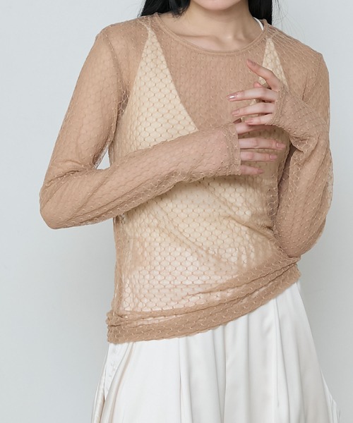 le ELMi（ルエルミ）の「Sheer honeycomb check tops / シアーハニカムチェックトップス（Tシャツ/カットソー・レディース・ベージュ/ネイビー/アイボリー/ピンク・FREE）」の16枚目の写真