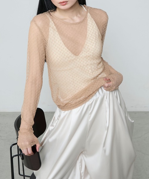 le ELMi（ルエルミ）の「Sheer honeycomb check tops / シアーハニカムチェックトップス（Tシャツ/カットソー・レディース・ベージュ/ネイビー/アイボリー/ピンク・FREE）」の17枚目の写真