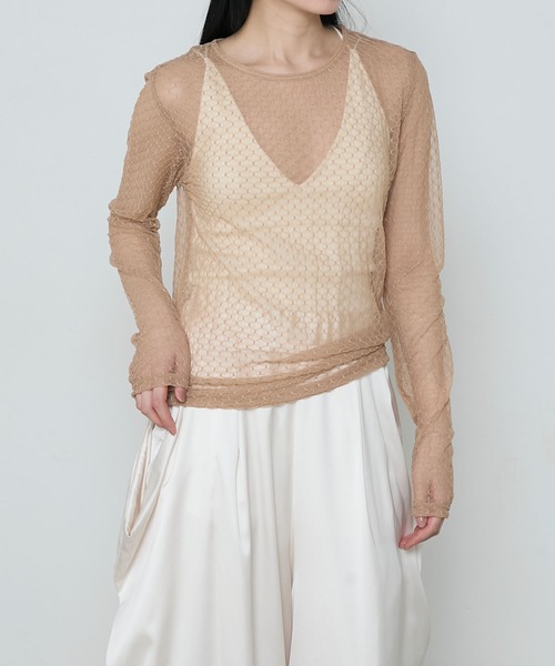 le ELMi（ルエルミ）の「Sheer honeycomb check tops / シアーハニカムチェックトップス（Tシャツ/カットソー・レディース・ベージュ/ネイビー/アイボリー/ピンク・FREE）」の18枚目の写真