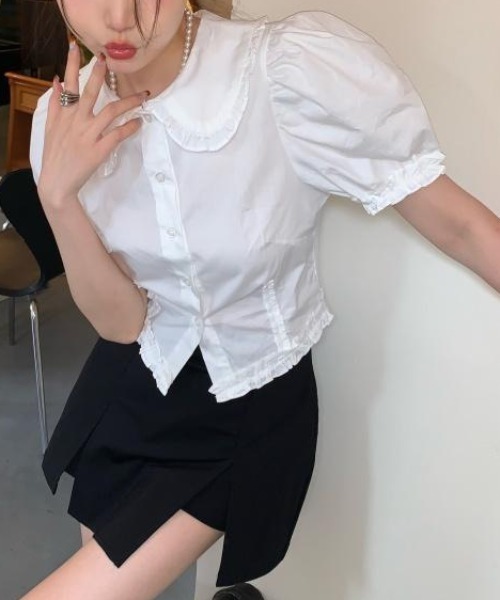 Mejoul（メジュール）の「半袖フリルショートパフスリーブブラウス（シャツ/ブラウス・レディース・ホワイト・M/L）」の2枚目の写真