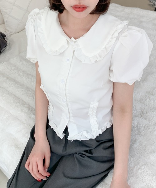 Mejoul（メジュール）の「半袖フリルショートパフスリーブブラウス（シャツ/ブラウス・レディース・ホワイト・M/L）」の11枚目の写真