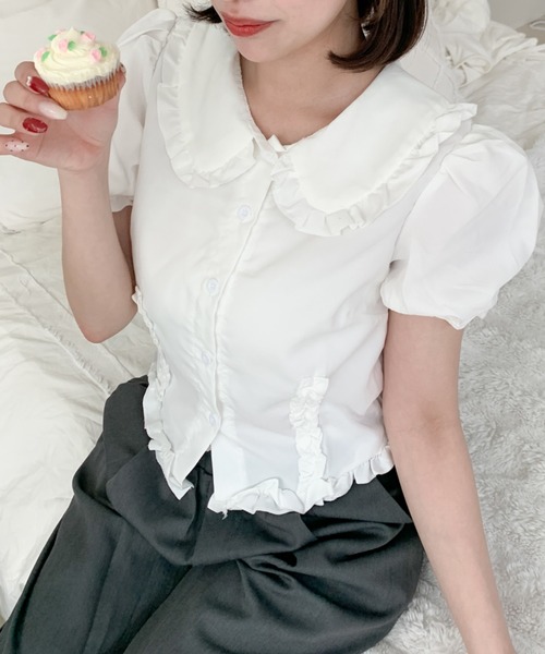 Mejoul（メジュール）の「半袖フリルショートパフスリーブブラウス（シャツ/ブラウス・レディース・ホワイト・M/L）」の12枚目の写真