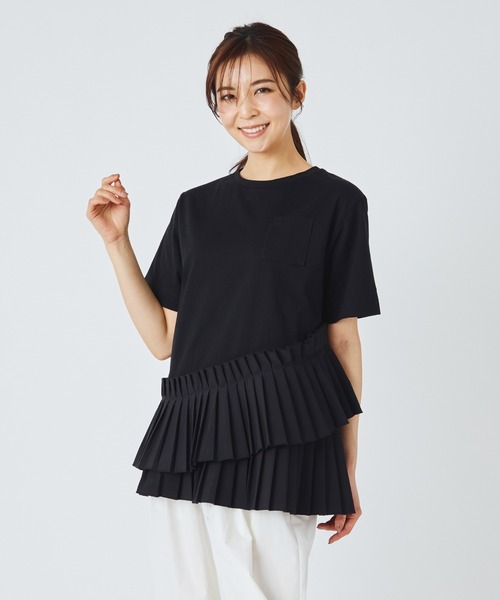 ever closet(エバークローゼット)の「プリーツドッキングTシャツ(Tシャツ/カットソー・レディース・ホワイト/ブラック・F)」の1枚目の写真