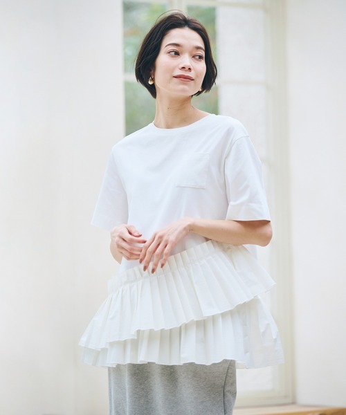ever closet(エバークローゼット)の「プリーツドッキングTシャツ(Tシャツ/カットソー・レディース・ホワイト/ブラック・F)」の4枚目の写真