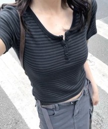 Teem Store | 【新色追加!】ボーダークロップドTシャツ 半袖 ピチT ヘンリーネック ダークボーダー(Tシャツ/カットソー)