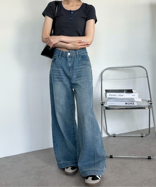 Teem Store（チームストア）の「【新色追加！】ボーダークロップドTシャツ 半袖 ピチT ヘンリーネック ダークボーダー（Tシャツ/カットソー・レディース・その他/グレー・S/M）」の18枚目の写真