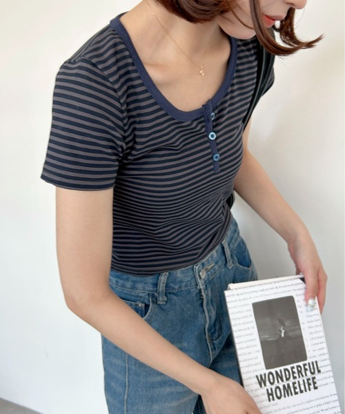 Teem Store（チームストア）の「【新色追加！】ボーダークロップドTシャツ 半袖 ピチT ヘンリーネック ダークボーダー（Tシャツ/カットソー・レディース・その他/グレー・S/M）」の15枚目の写真