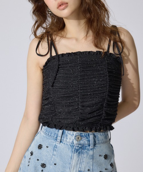 rienda（リエンダ）の「2WAYギャザーキャミトップス 夏服（キャミソール・レディース・ブラック/ホワイト/グリーン・FREE）」の2枚目の写真