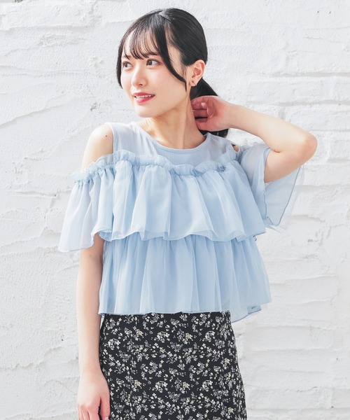 Honeys(ハニーズ)の「肩あきフリルトップス(Tシャツ/カットソー・レディース・ブラック/ホワイト/サックスブルー/ピンク・S/M/L)」の21枚目の写真