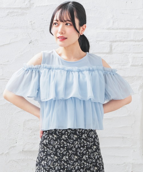 Honeys(ハニーズ)の「肩あきフリルトップス(Tシャツ/カットソー・レディース・ブラック/ホワイト/サックスブルー/ピンク・S/M/L)」の22枚目の写真