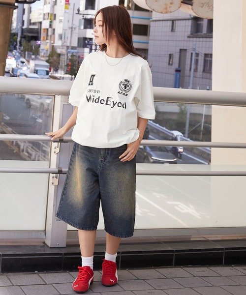 MONO-MART(モノマート)の「ゲームデザイン ワッペンロゴ刺繍 ドロスト半袖Tシャツ(Tシャツ/カットソー・レディース・ブラック/ホワイト系/オフホワイト/ダークネイビー/レッド/オートミール/ブラック系・M/L)」の12枚目の写真