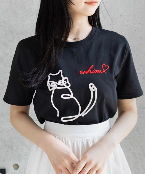 CLEAR BASIC（クリアベーシック）の「コード刺繍猫Tシャツ［大人 カジュアル アニマル］≪SS新作≫（Tシャツ/カットソー・レディース・ブラック/オフホワイト・F）」の2枚目の写真