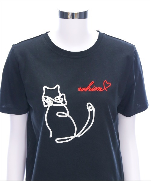 CLEAR BASIC（クリアベーシック）の「コード刺繍猫Tシャツ［大人 カジュアル アニマル］≪SS新作≫（Tシャツ/カットソー・レディース・ブラック/オフホワイト・F）」の9枚目の写真