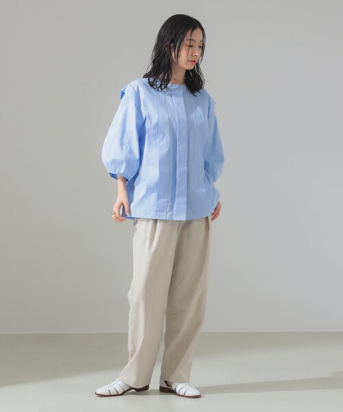 美品　デミルクス　ビームス　 リネン　青　シャツ　ブラウス　デミルクス セール】タック ショートスリーブ ブラウス（シャツ/ブラウス