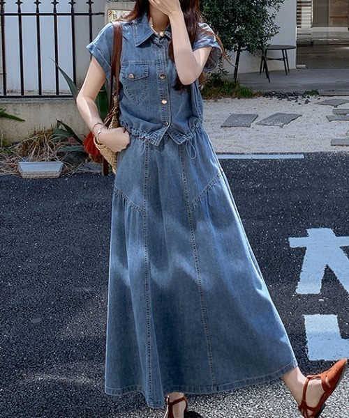 FAVORITO(ファヴォリート)の「ポケットデニムトップス+ウエストゴム付きスカートセットアップ(セットアップ・レディース・ダークブルー/ライトブルー・F)」の9枚目の写真