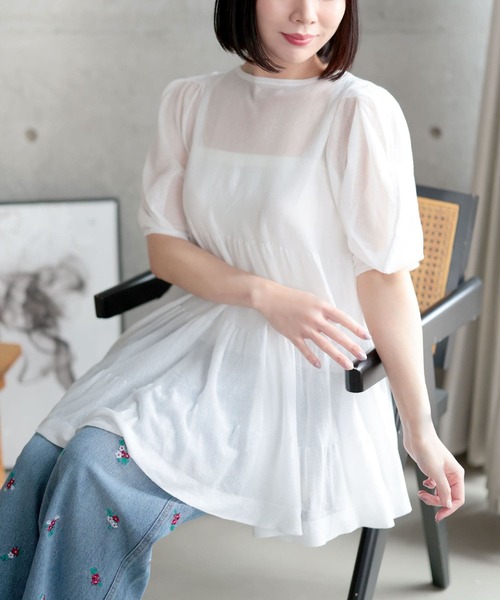 Ruwan yu(ルワンユー)の「シアー半袖ティアードチュニック【大きいサイズ対応】(チュニック・レディース・ホワイト・LL/3L/4L/L)」の1枚目の写真