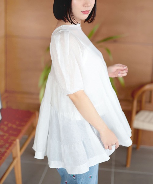 Ruwan yu(ルワンユー)の「シアー半袖ティアードチュニック【大きいサイズ対応】(チュニック・レディース・ホワイト・LL/3L/4L/L)」の10枚目の写真