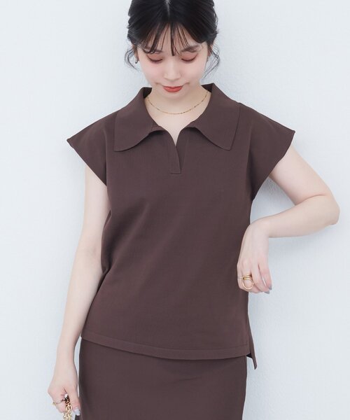 natural couture(ナチュラルクチュール)の「セットアップ対応 ニットポロトップス(ニット/セーター・レディース・グリーン/ライトベージュ/ブラウン/ブラック・FREE)」の3枚目の写真